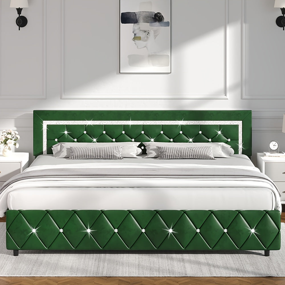 Upholstered Bed Frame with Diamond Tufted Headboard & Footboard – Faux Leather, Wooden Slats, No Box Spring Needed | Twin Full Queen King