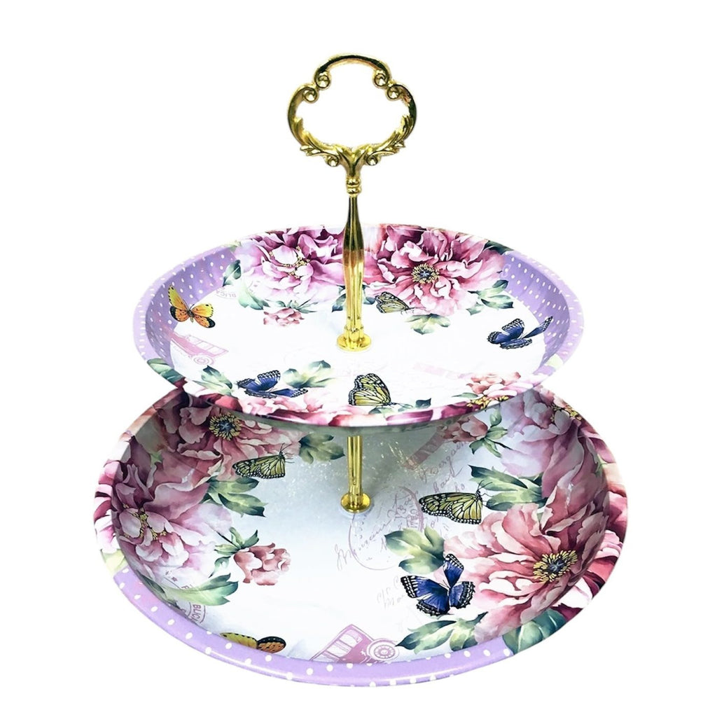 2 Tier Floral Metal Cake Stand Dessert Tower - Vintage Pastry Cupcake Serving Tray for Tea Party, Baby Shower, Birthday & Wedding Table Centerpiece Decoration