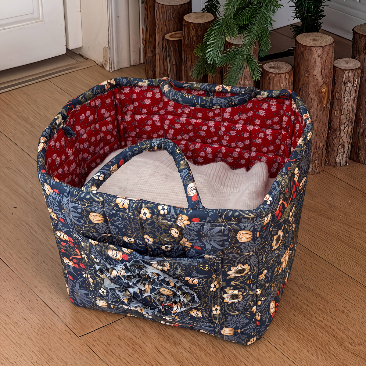 Large Floral Quilted Storage Basket – Vintage Portable Large-Capacity Shelf Basket for Home, 5 Floral Designs (Peony, Marigold, Strawberry)