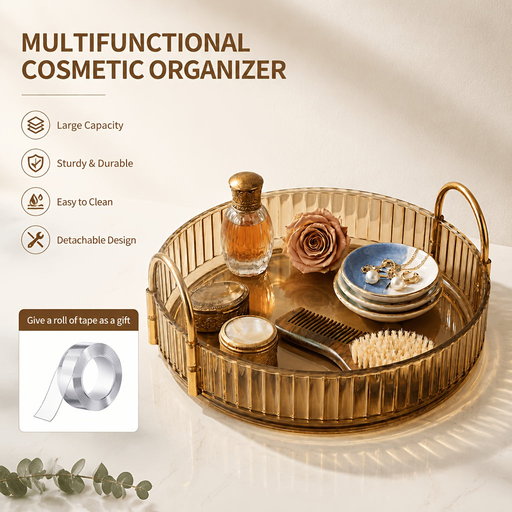 360° Rotating Makeup Organizer with 1, 2 or 3 Tiers, Gold Striped Desktop Cosmetic Storage Rack for Brushes, Lipstick & Skincare – Durable Odorless Vanity Organizer for Bathroom & Bedroom