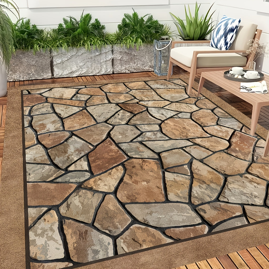 Outdoor Patio Rug Washable Stone Pattern Rectangular Carpet – Durable Indoor Outdoor Mat for Patio, Garden, Camping, RV & Sunroom | Multiple Sizes