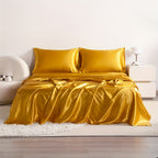 Cooling Satin Bed Sheet Set 4-Piece – Hypoallergenic Breathable Deep Pocket Flat & Fitted Sheet with Pillowcases, 300 GSM, 15 Colors, Twin to Cal King