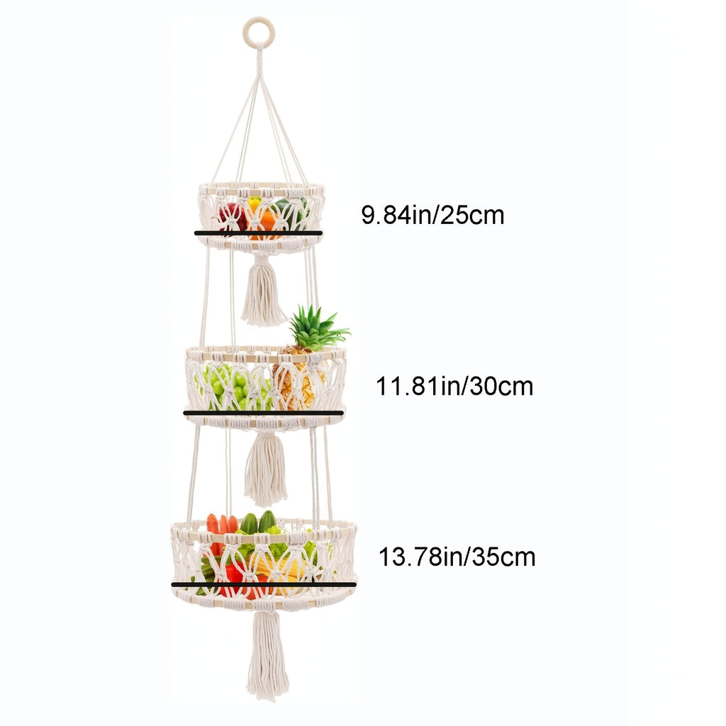 Macrame Hanging Fruit Basket 1/2/3-Tier Boho Wall Storage – Bohemian Hanging Basket for Fruits, Vegetables & Indoor Plants, Kitchen & Home Decor