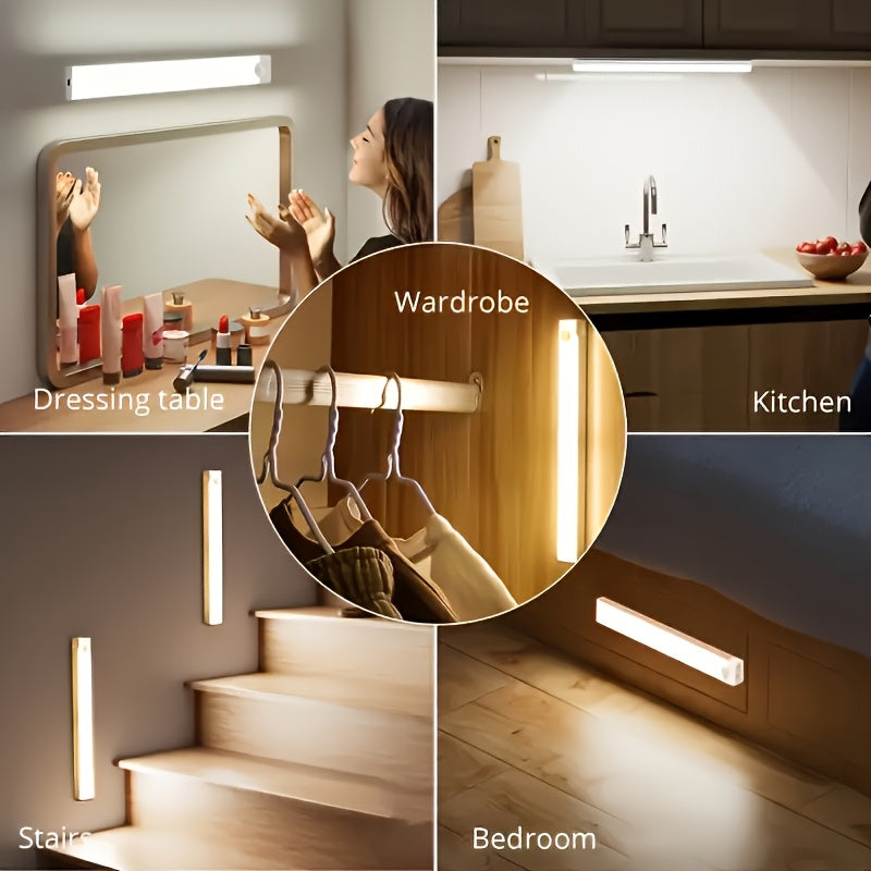 LED Motion Sensor Cabinet Lights 6-Pack, USB Rechargeable Magnetic Indoor Night Light Strips for Stairs, Shelves & Closets – 3.94in / 7.87in / 11.81in