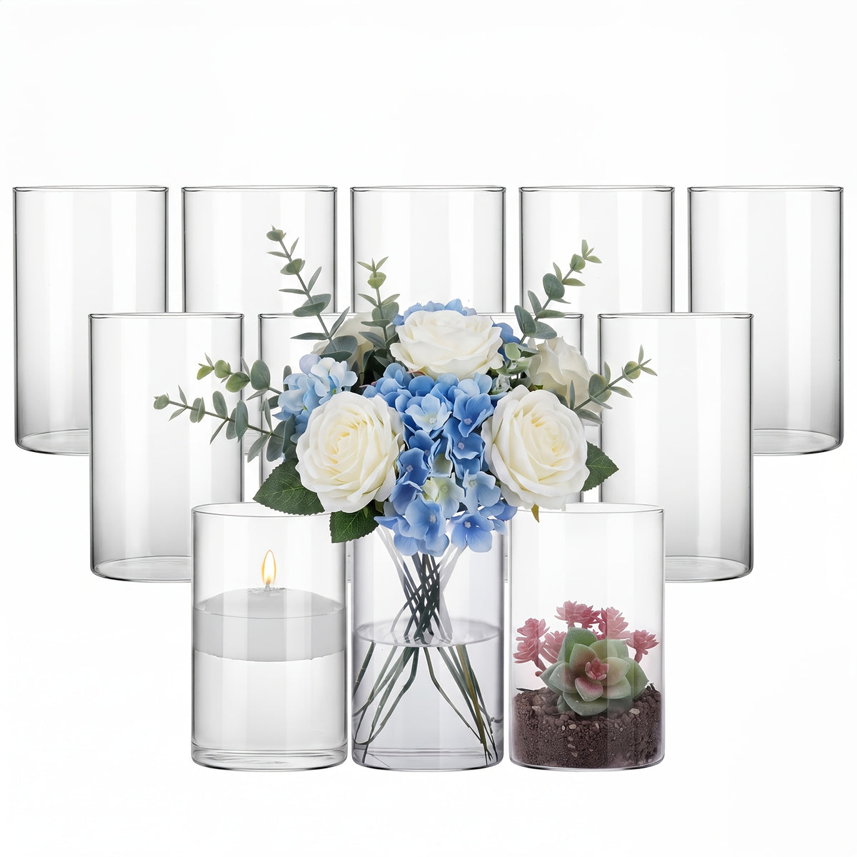 Glass Cylinder Vases Bulk 12 or 24pcs Wedding Centerpieces & Flower Vases 6x3.4in – Clear Floral Vase Set for Banquet, Party, Festival, Restaurant & Home Table Decor