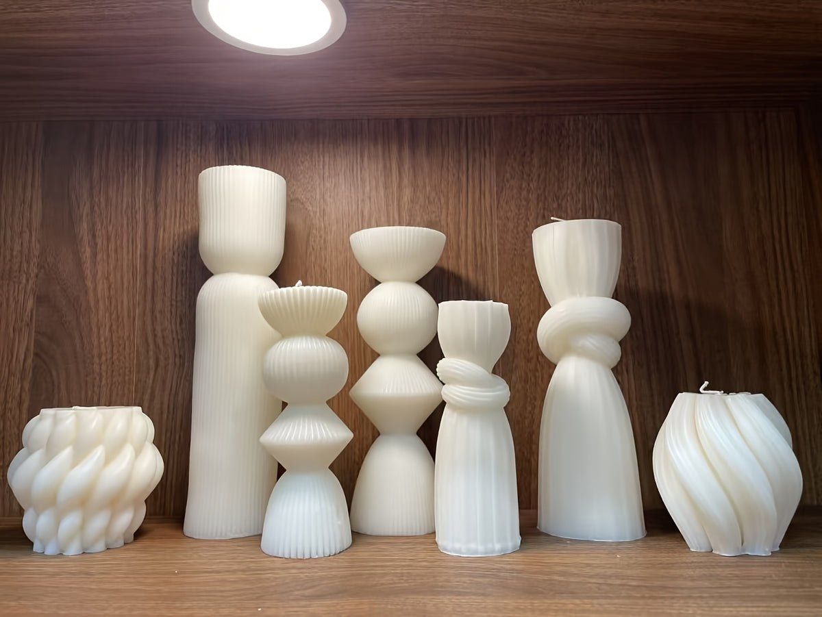 7-Pack Large Ribbed Soy Wax Pillar Candles – Handmade Home Decor Candles for Housewarming Gift, Shelf Decor, Wedding & Dining Table Centerpiece, White, Blue, Black, Orange