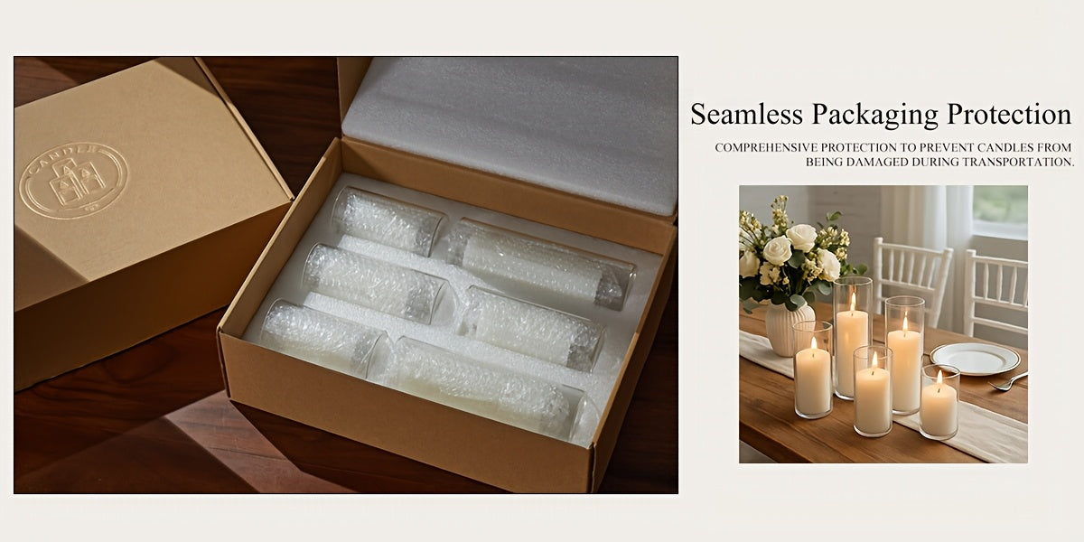 White Pillar Candles with Clear Glass Hurricane Candle Holders – Elegant Cylinder Vases for Wedding Centerpieces, Parties, Home & Office Decor, Table Decorations