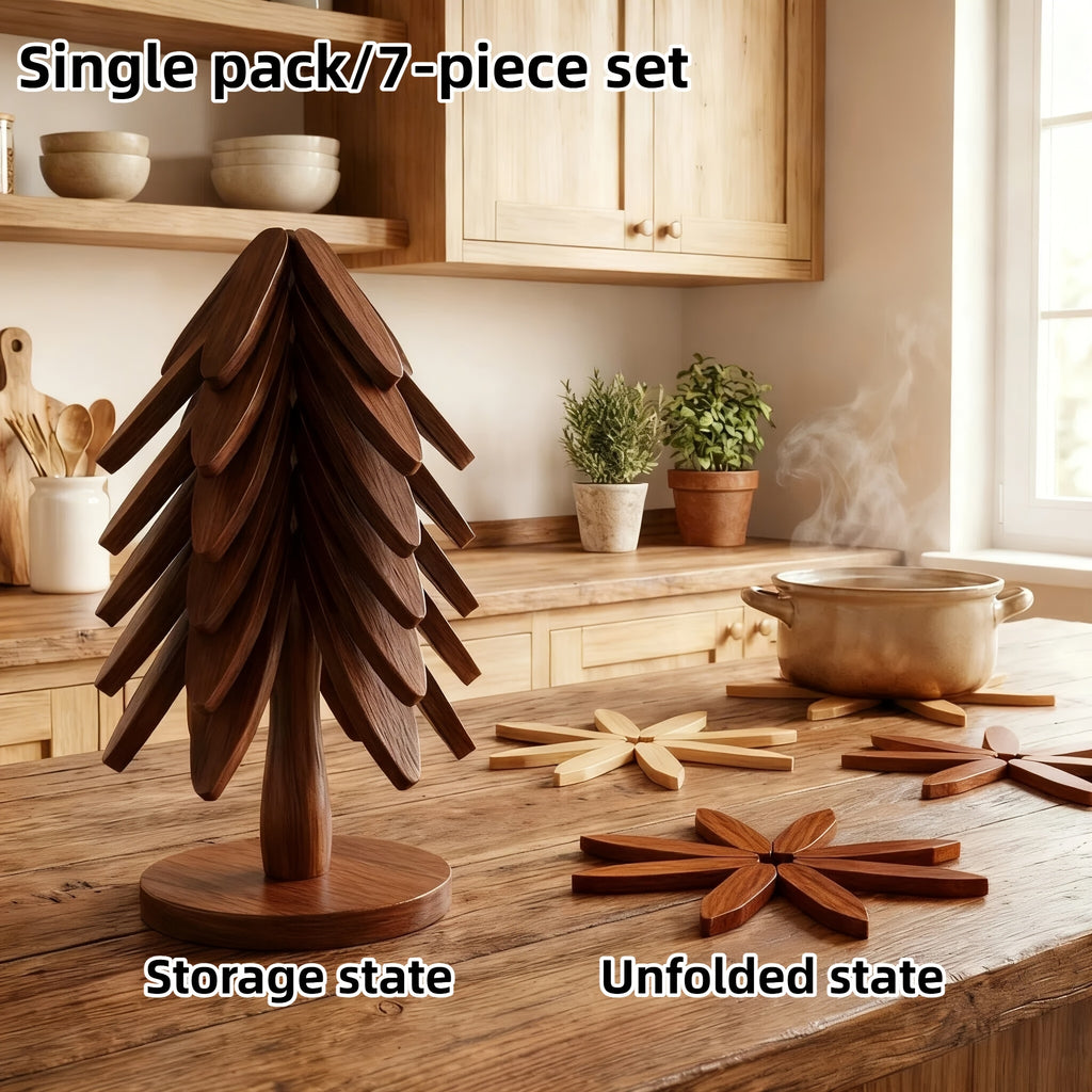 Tree Shaped Trivet Set Foldable Wooden Hot Pot Holder - Decorative Heat Resistant Trivet Mats for Kitchen Counter and Dining Table, Space Saving Stackable Leaf Trivet Set