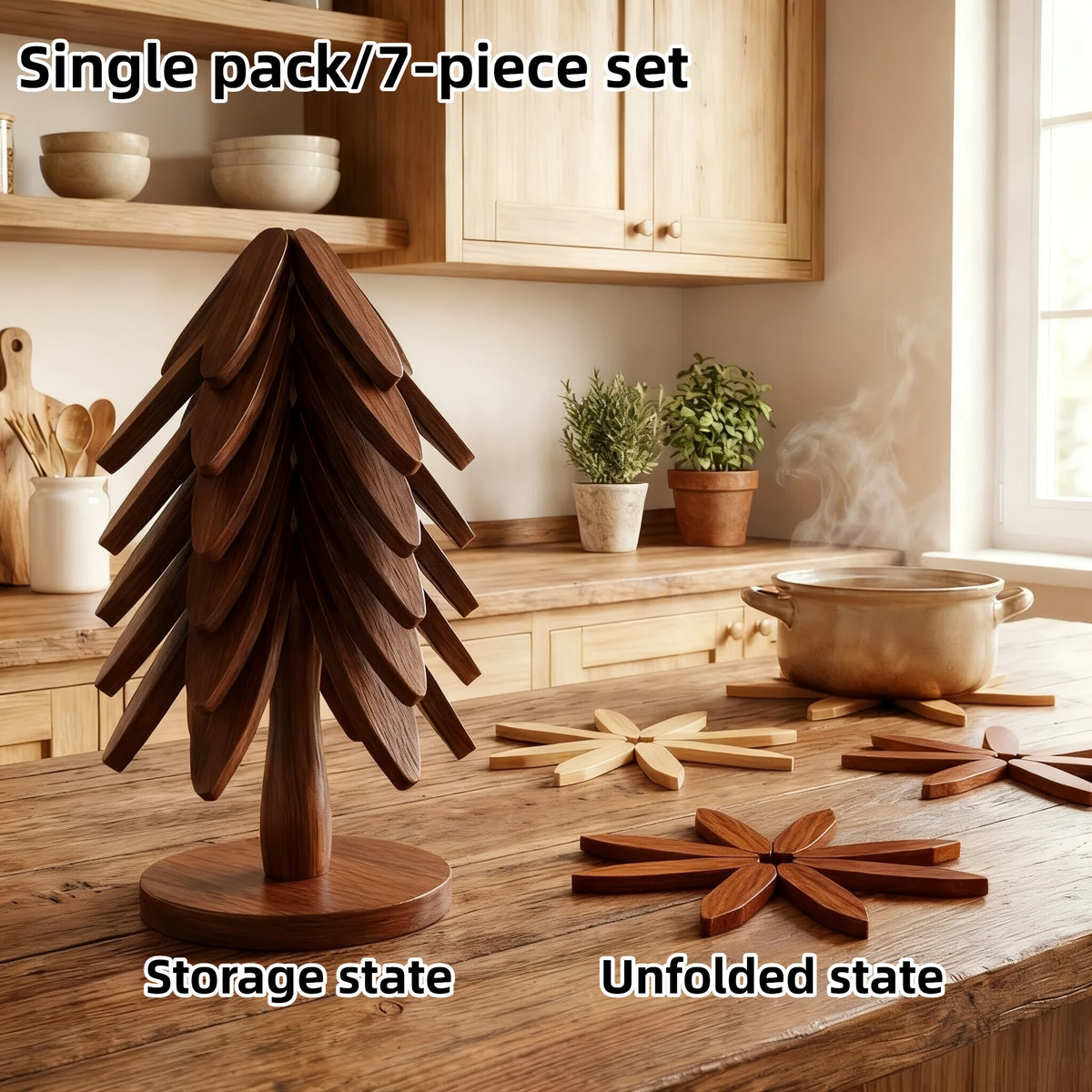 Tree Shaped Trivet Set Foldable Wooden Hot Pot Holder - Decorative Heat Resistant Trivet Mats for Kitchen Counter and Dining Table, Space Saving Stackable Leaf Trivet Set