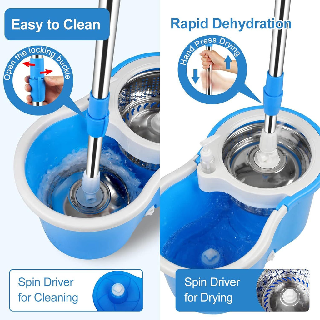360° Spin Mop and Bucket Set with Wringer – Stainless Steel Extended Handle Spinning Mop Bucket System with 4 Microfiber Mop Refills for Hardwood Tile & Laminate Floor Cleaning