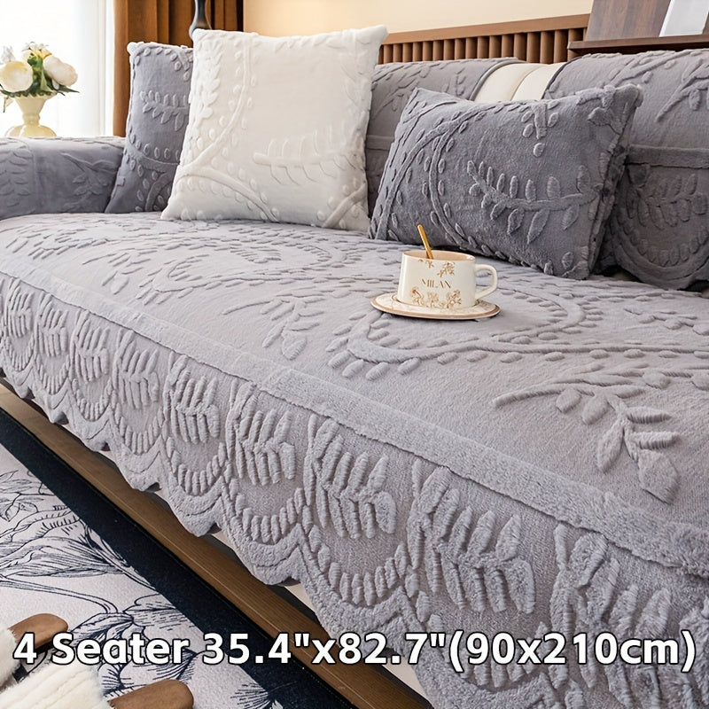 Faux Rabbit Fur Sofa Cover Thick Winter Warm Couch Protector Non-Slip Machine Washable Pet-Friendly Floral Sofa Slipcover for 1 2 3 4 Seater Living Room Bedroom