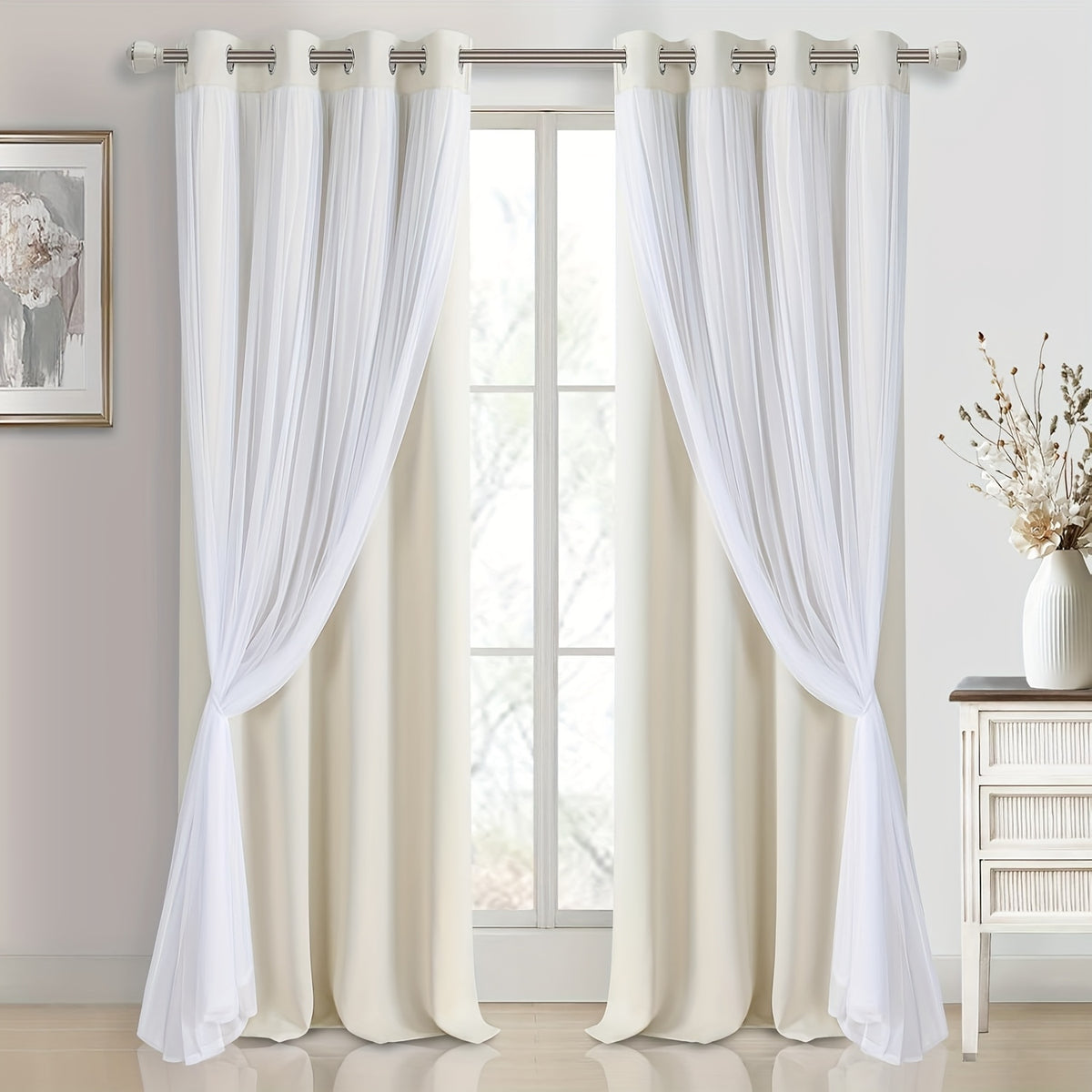 Double Layer Blackout Curtains with Sheer Overlay 2 Panels - Grommet Top Thermal Insulated Mix & Match Window Drapes with Tiebacks for Bedroom Living Room, All Season