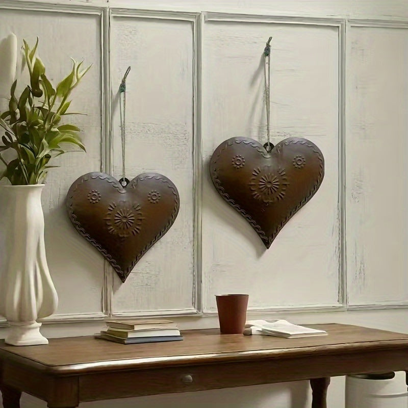 Metal Heart Wall Decor Set of 2 – Bohemian Rustic Iron Heart Wall Hangings with Chain & Rope for Farmhouse, Outdoor, Wedding & Valentine's Day Decor – Vintage Boho Wall Art No Tools Required