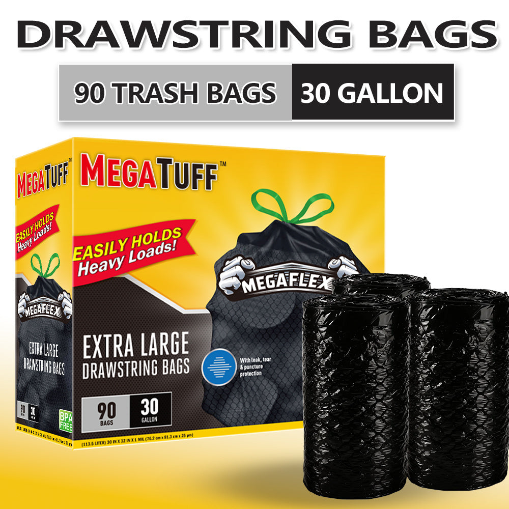 30 Gallon Trash Bags Black Drawstring, Ultra Strong Leak-Proof 113.5L Large Kitchen Trash Can Bags, Multipurpose Cleaning Supplies for Home, Garden, Industrial & Commercial Use (90 or 24 Count)