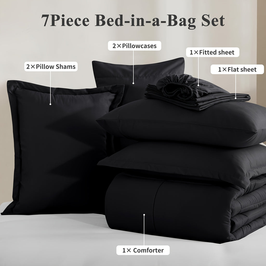Bed in a Bag Queen 7 Piece Fluffy Comforter Set – Ultra-Soft Microfiber Bedding with Comforter, Fitted Sheet, Flat Sheet & 4 Pillowcases, Hypoallergenic Breathable All Season Bedding Gift for Her