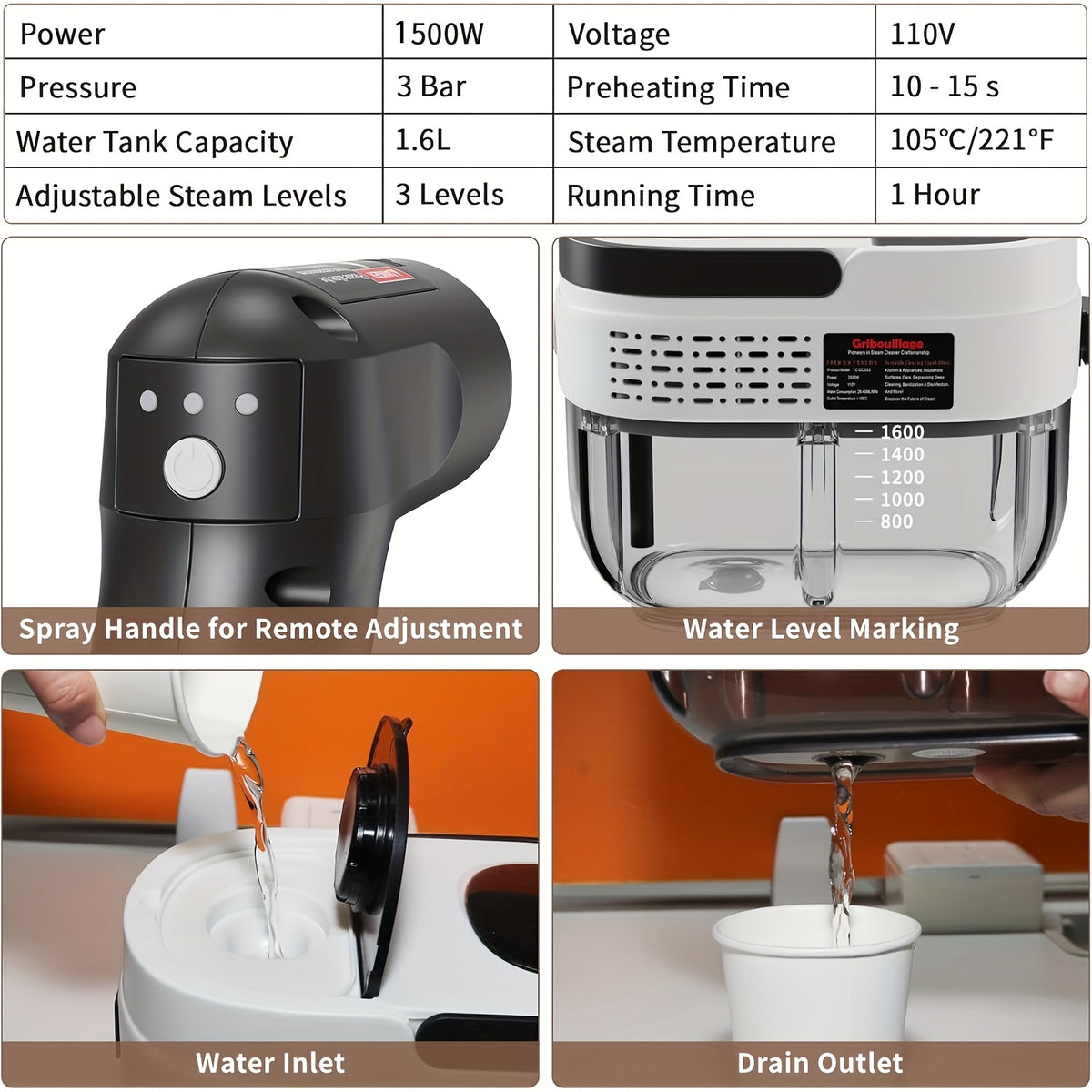 Handheld Steam Cleaner High Pressure 54oz Tank 3-Level Adjustable Handle Portable for Home Car Furniture Grout Bed Bugs 3 Colors