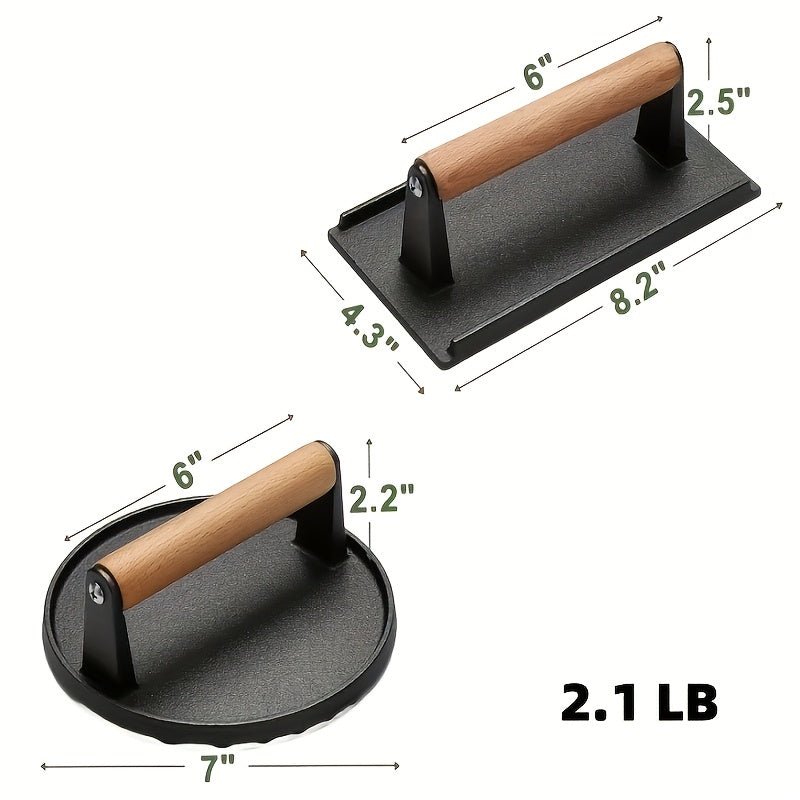 Cast Iron Smash Burger Press – Heavy Duty Dual-Size Beef Patty Smasher with Ergonomic Wood Handle, Grill Press for BBQ & Kitchen Smash Burgers, Round & Square