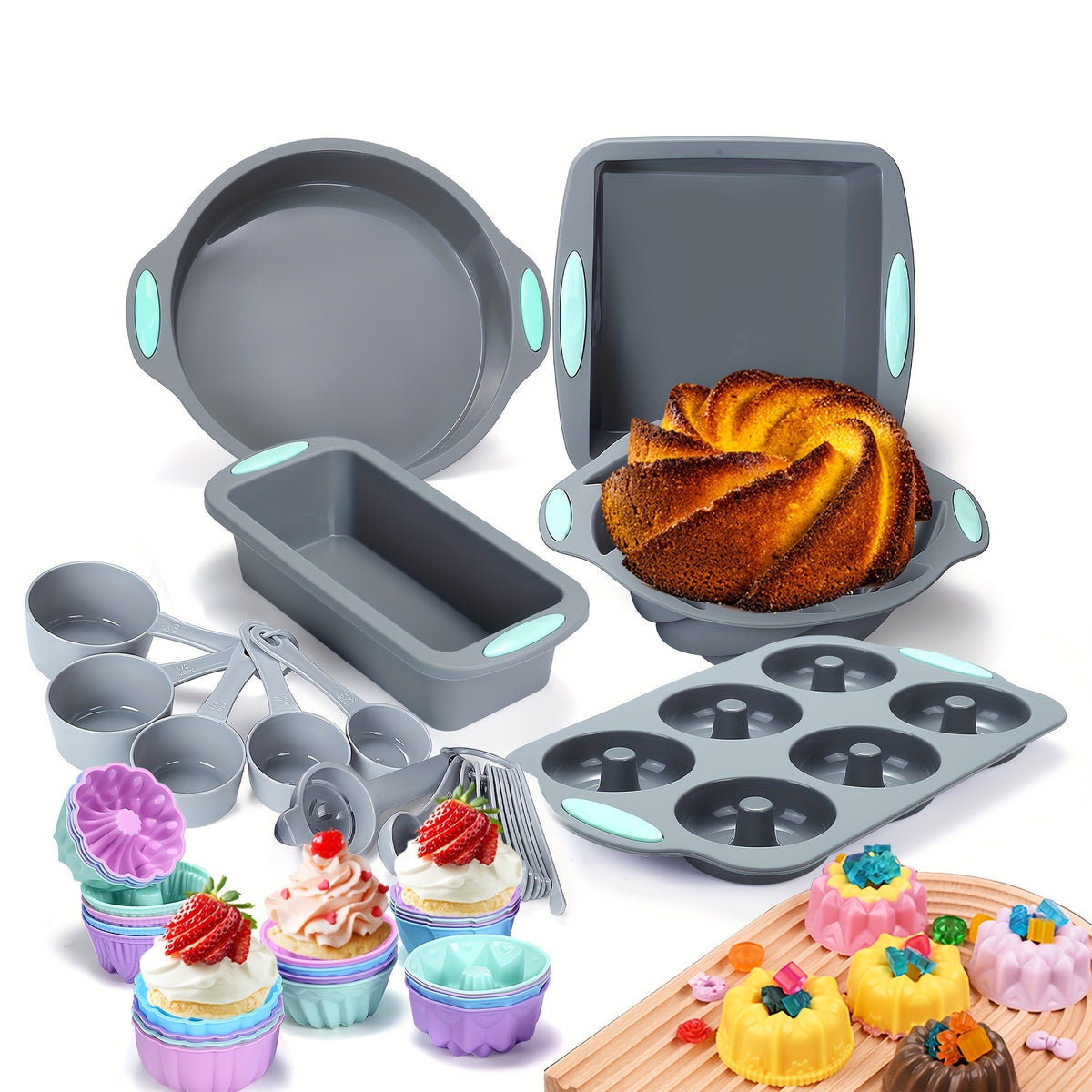 Silicone Bakeware Set 46 & 51 Piece Non-Stick Oven Baking Pans with Muffin Pan Cake Mold Donut Loaf Pan Baking Cups & Measuring Cups Spoons