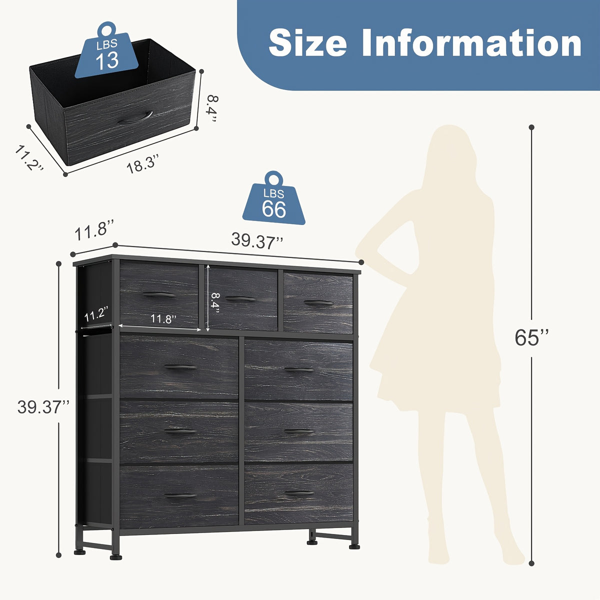 9 Drawer Fabric Dresser with Bins – Tall Chest of Drawers Organizer for Bedroom Closet Hallway Nursery, Steel Frame Wood Top Easy Pull Handles