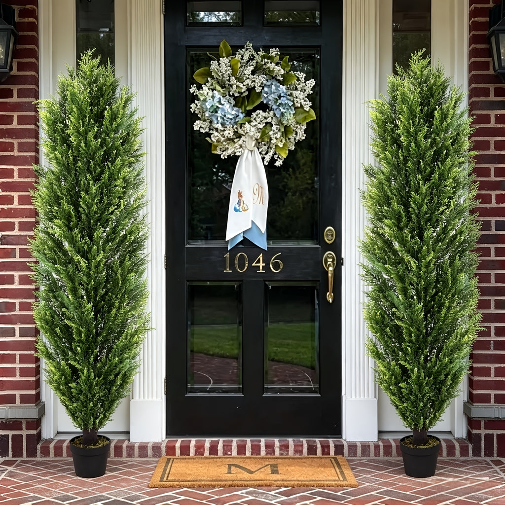Artificial Pine Tree Set of 2 – Faux Greenery Shaped Christmas Trees for Indoor & Outdoor, Courtyard, Front Door & Holiday Decor