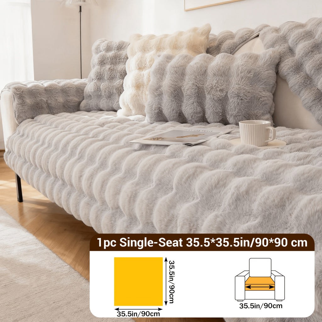Bubble Faux Rabbit Fur Sofa Cover Non-Slip Stretchable 3/4 Seat Slipcover – Silicone Grip Breathable Furniture Protector for Living Room, Bed & Dorm, Machine Washable in Beige, Dark Grey & Khaki
