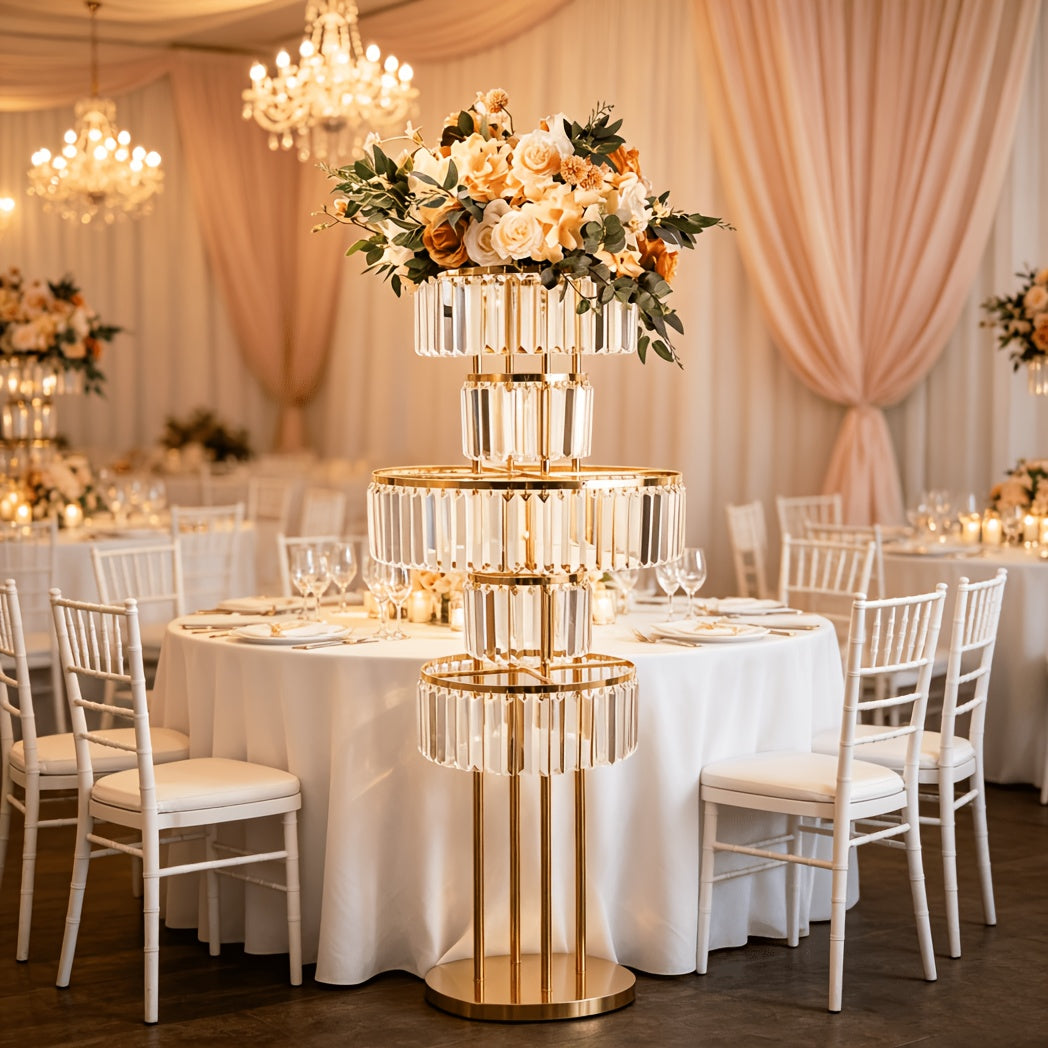 5-Tier Crystal Flower Stand with Hanging Crystals – Round Chandelier Base Wedding Aisle Centerpiece Floral Display for T-Stage Ceremony Party Event Decor