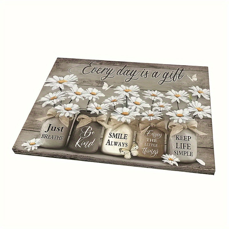 Daisy Butterfly Canvas Wall Art with Wood Frame – 11.8x15.7 Rustic Vintage Floral Inspirational Picture for Bedroom, Living Room, Bathroom & Office, Ready to Hang Home Decor