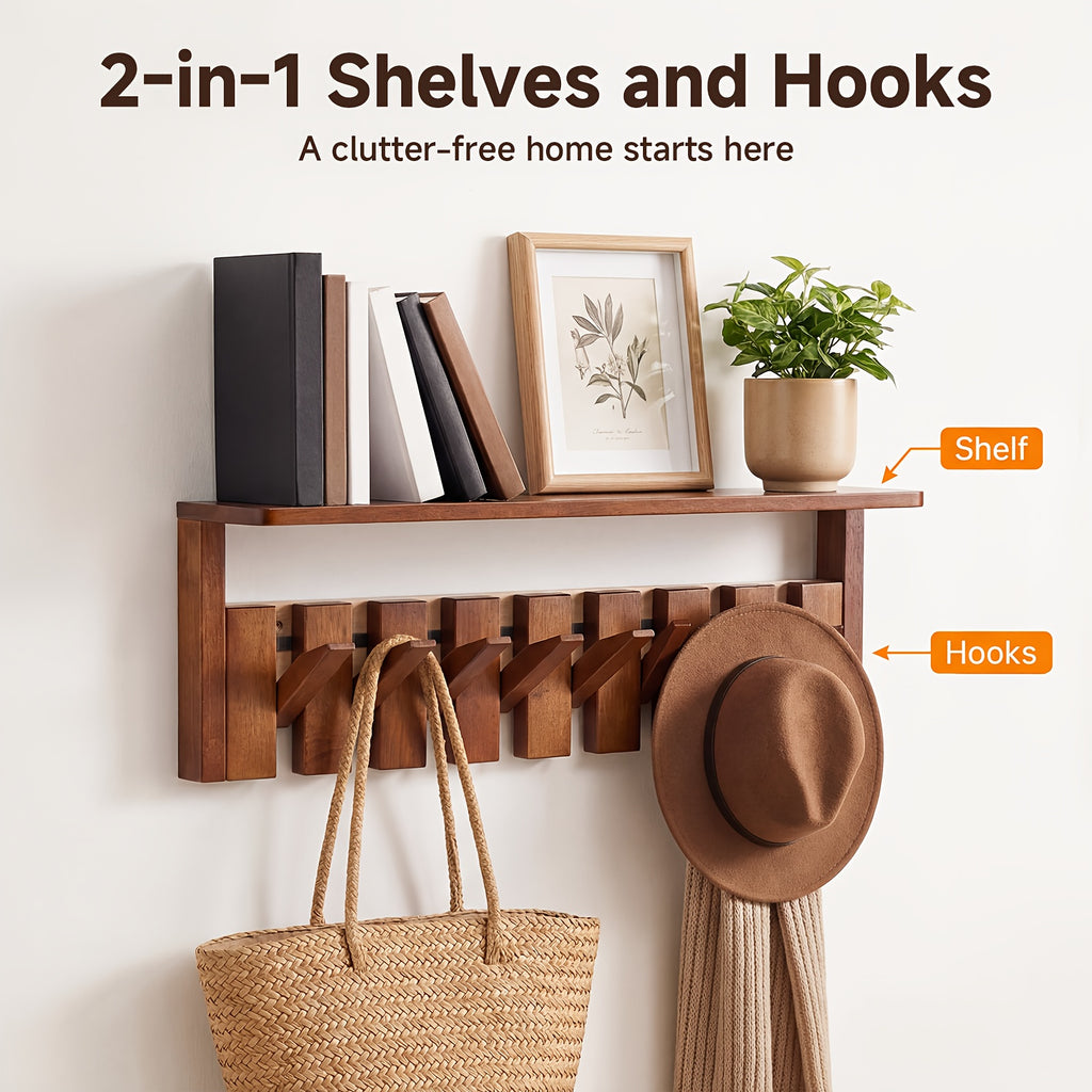 Wall Mounted Coat Rack Foldable Hooks Solid Rubberwood 6 or 8 Hooks 22 lbs Capacity Floating Shelf Dual Installation Drilling or Adhesive for Entryway Bedroom Bathroom Living Room