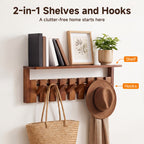 Wall Mounted Coat Rack Foldable Hooks Solid Rubberwood 6 or 8 Hooks 22 lbs Capacity Floating Shelf Dual Installation Drilling or Adhesive for Entryway Bedroom Bathroom Living Room