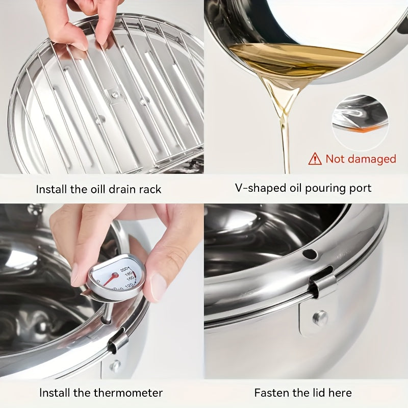 Stainless Steel Tempura Deep Fryer with Thermometer, Lid & Drip Strainer – Temperature Control Pot for Frying Boiling Steaming at Home