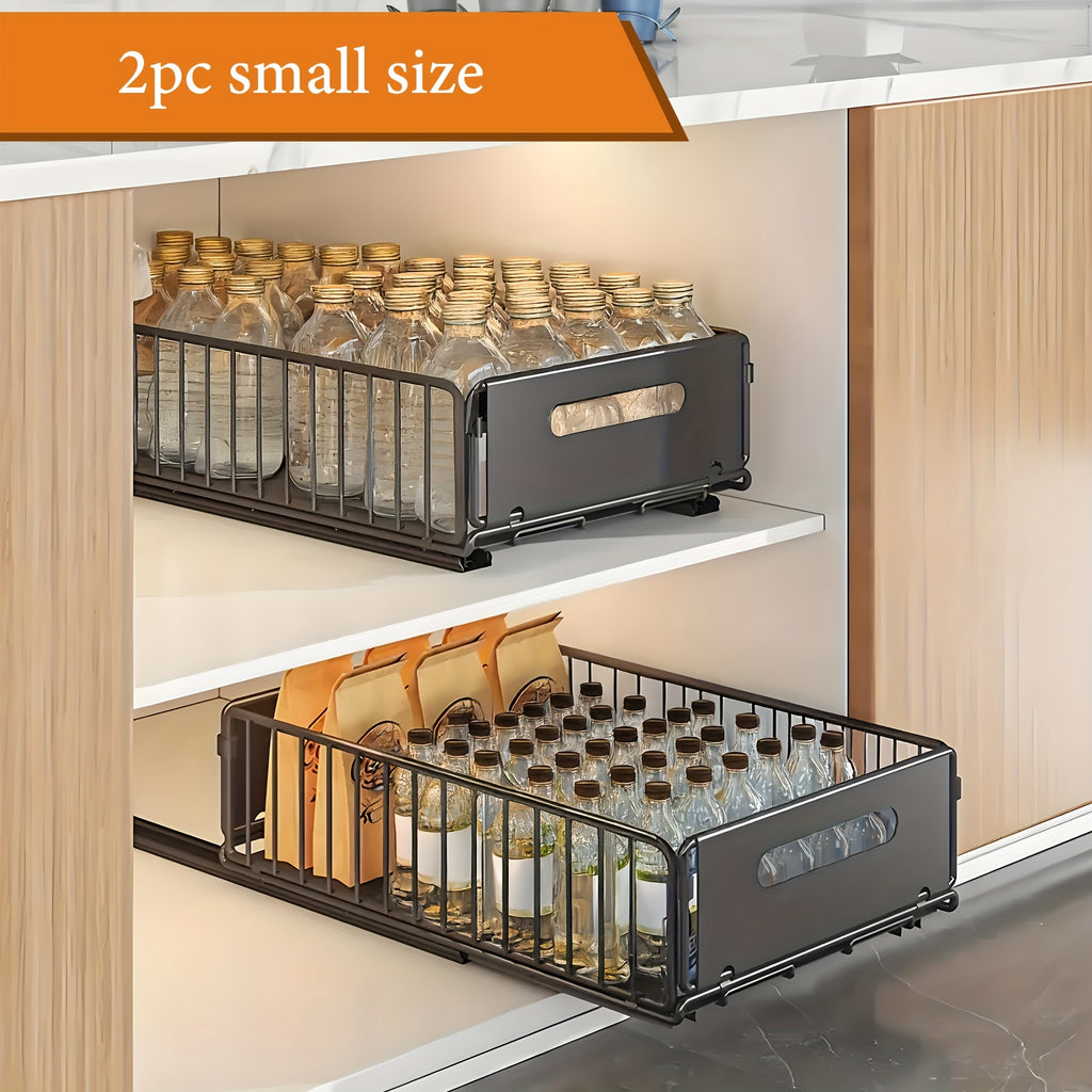 Cabinet Pull-Out Storage Basket 2pcs – Sliding Under-Sink Organizer, Spice Rack & Pantry Shelf Basket for Kitchen, Bathroom & Household Storage