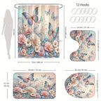 4pcs Flower Butterfly Shower Curtain Set 71x71 Inch with 12 Hooks Anti-Slip Bath Mat Toilet U-Shape Pad & Lid Cover - Complete Bathroom Set | Nuvia Haven