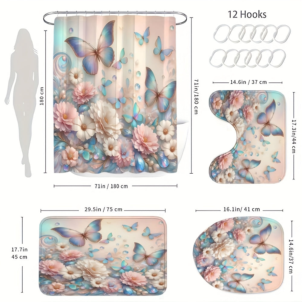 4pcs Flower Butterfly Shower Curtain Set 71x71 Inch with 12 Hooks Anti-Slip Bath Mat Toilet U-Shape Pad & Lid Cover - Complete Bathroom Set | Nuvia Haven