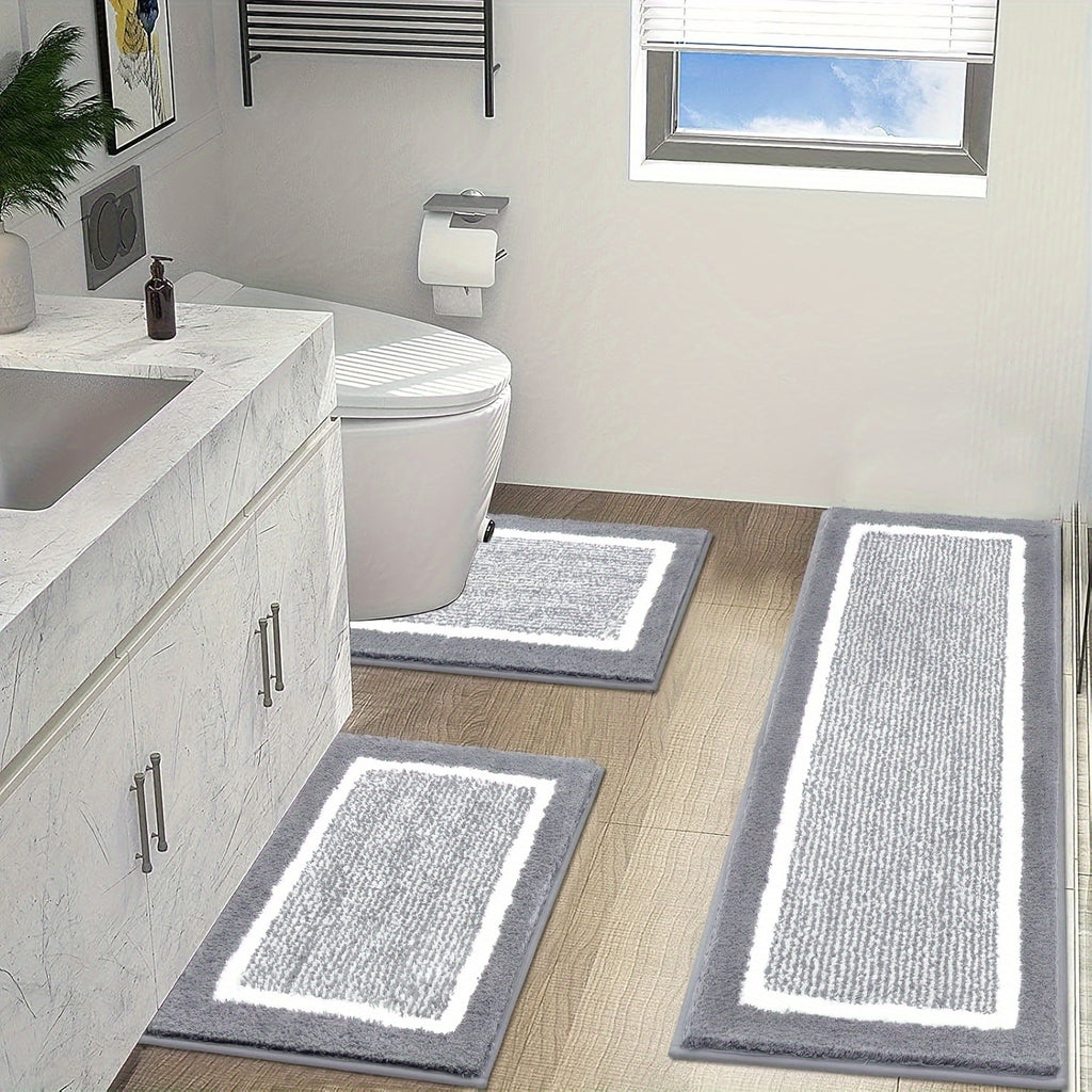 3 Piece Bathroom Rug Set Non-Slip Absorbent Microfiber Shaggy Bath Mats with U-Shaped Toilet Mat Washable Bath Rugs Dark Gray Coffee Blue Grey Black