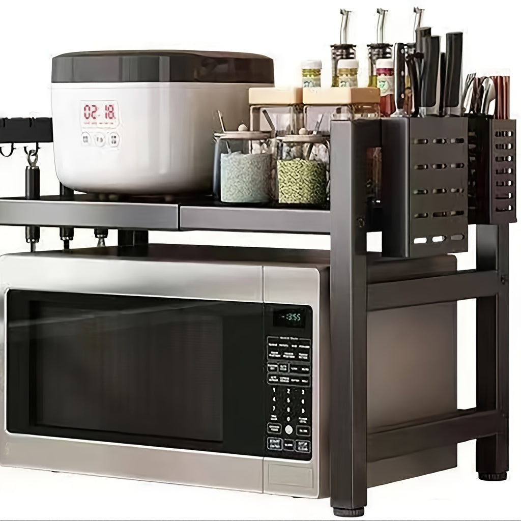 Expandable Microwave Rack Kitchen Counter Organizer – Heavy-Duty Retractable Shelf with 6 Hooks, Chopstick Holder & Cutting Board Slot for Kitchen Worktops