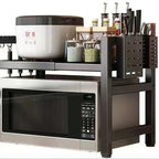 Expandable Microwave Rack Kitchen Counter Organizer – Heavy-Duty Retractable Shelf with 6 Hooks, Chopstick Holder & Cutting Board Slot for Kitchen Worktops