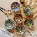 Bohemian Mandala Ceramic Bowl Set 6 Piece Mediterranean Style Colorful Paisley Tableware Microwave Safe Soup Dessert Noodle Salad Bowls for Family Gatherings