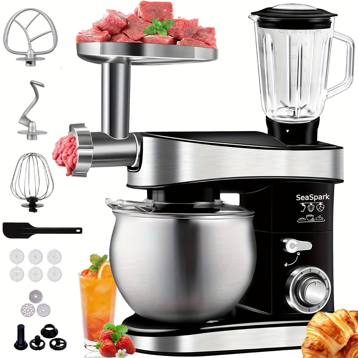 Stand Mixer 6-in-1 with 6.3QT Stainless Steel Bowl, 400W 6-Speed Tilt-Head Kitchen Mixer with Dough Hook, Egg Beater, Whisk, Juicer & Meat Grinder Attachments