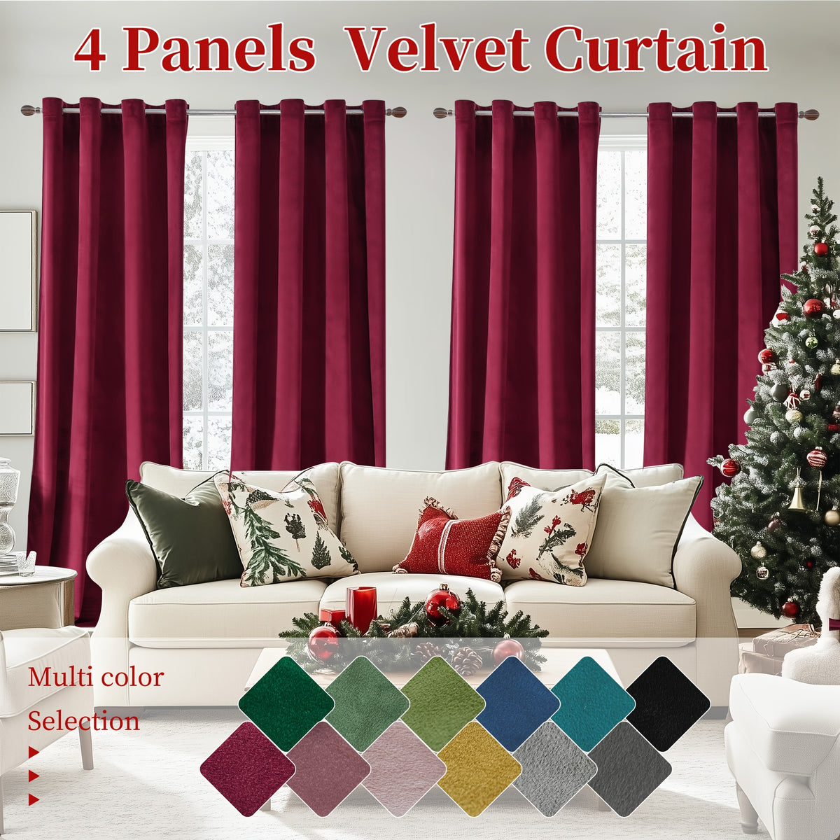 Blackout Velvet Curtains 4 Panels - Thermal Insulated Grommet Drapes, Noise Reducing Soft Window Curtains for Living Room Bedroom, Multiple Sizes & Colors