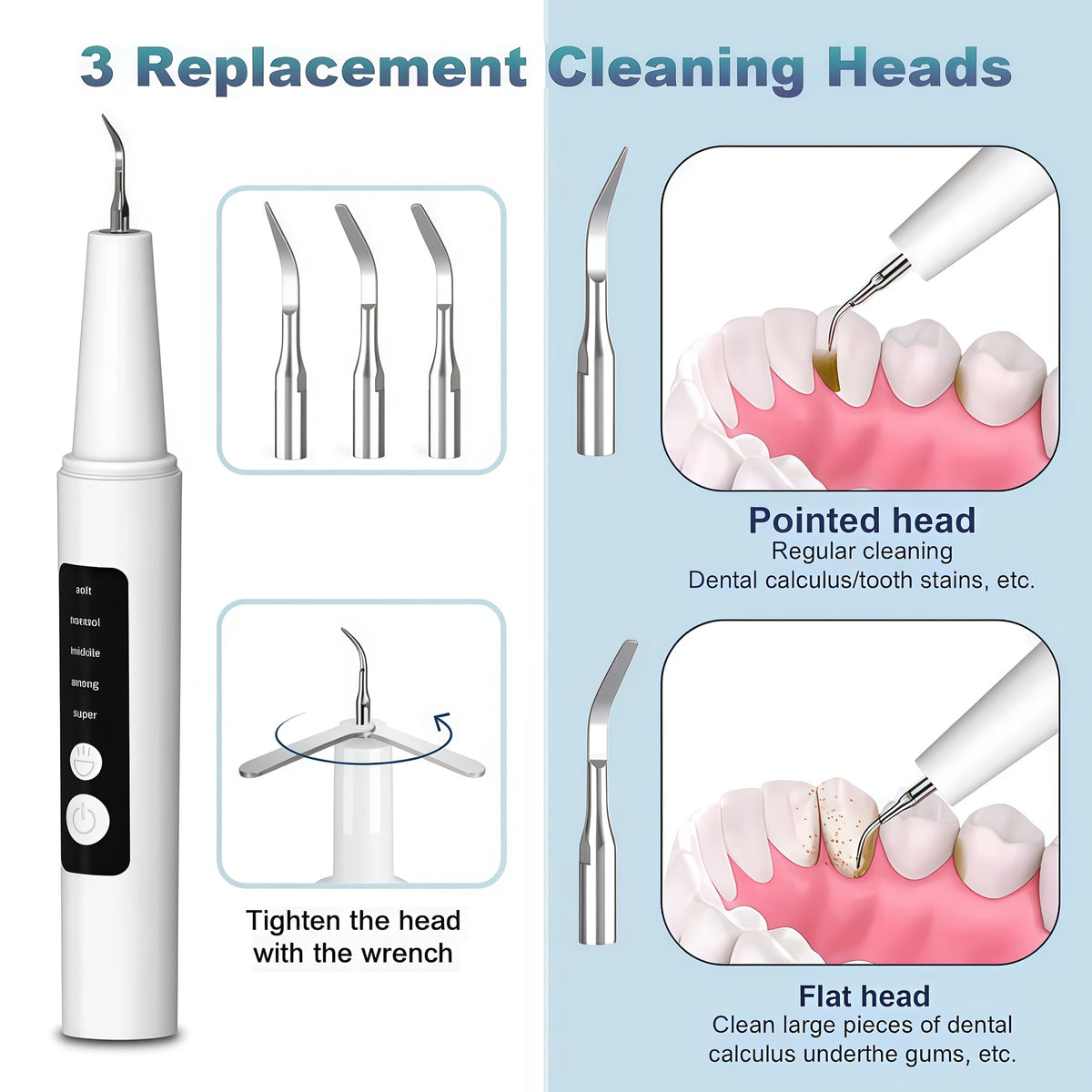 Electric Plaque Remover Teeth Cleaner - LED Light 5 Mode Rechargeable Dental Scaler 3 Stainless Steel Heads Home Travel Oral Care Tool