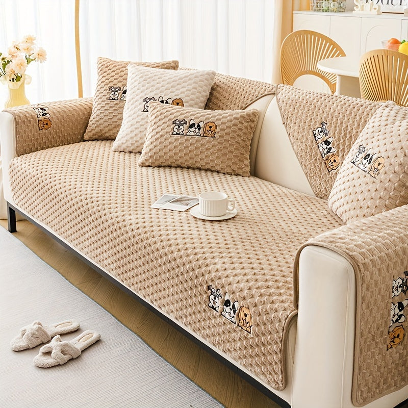 Honeycomb Velvet Sofa Slipcover Pet-Friendly Non-Slip with Cute Dog Embroidery, Bohemian Style Machine Washable Polyester Couch Cover for Sofa Cushion Backrest Armrest – Single Piece Home Decor, Grey