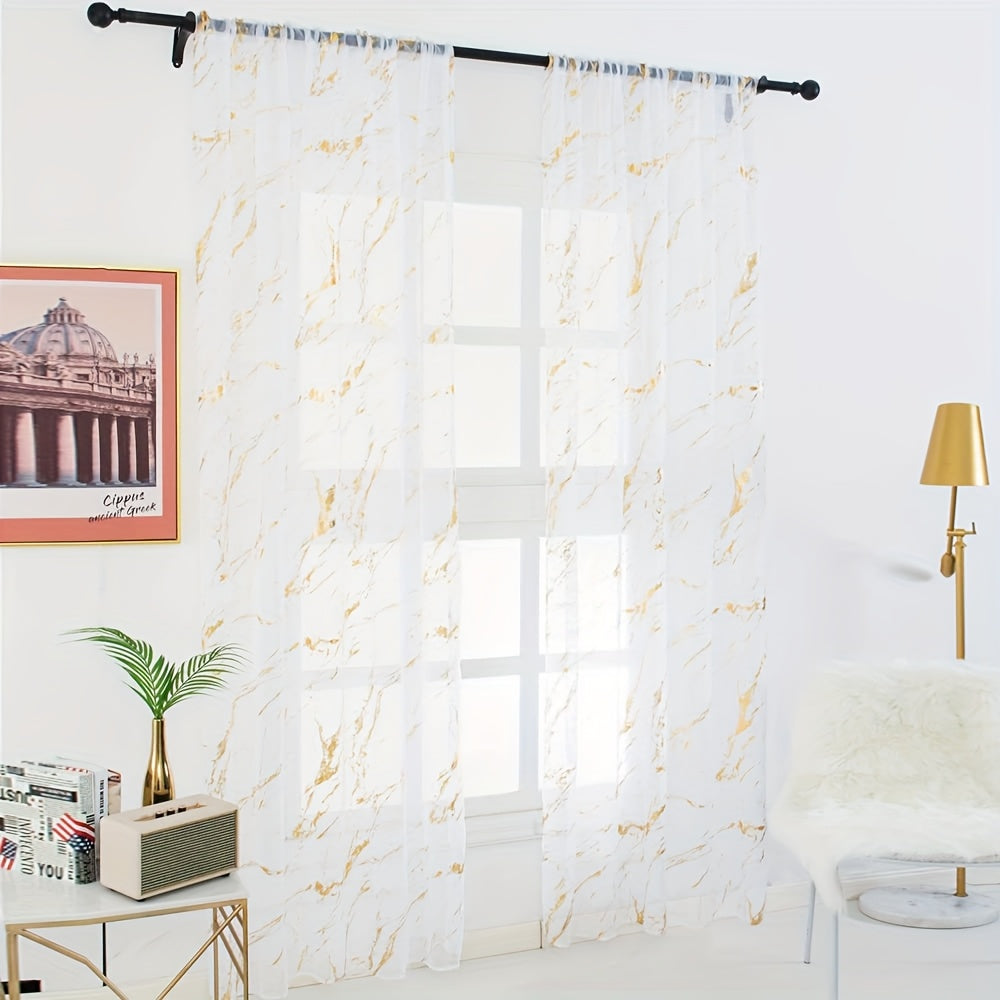 Marble Pattern Sheer Curtains Set of 2, Gold Silver Metallic Foil Semi-Sheer Rod Pocket Panels for Living Room Bedroom, 4 Sizes Available