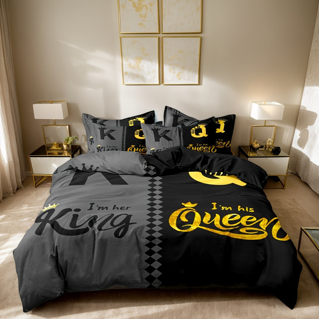 Valentine's Day Duvet Cover Set 3pcs – Crown Queen & King Print Soft Breathable Polyester Bedding, Machine Washable, Includes Duvet Cover & 2 Pillow Covers, Romantic Gift for Couples