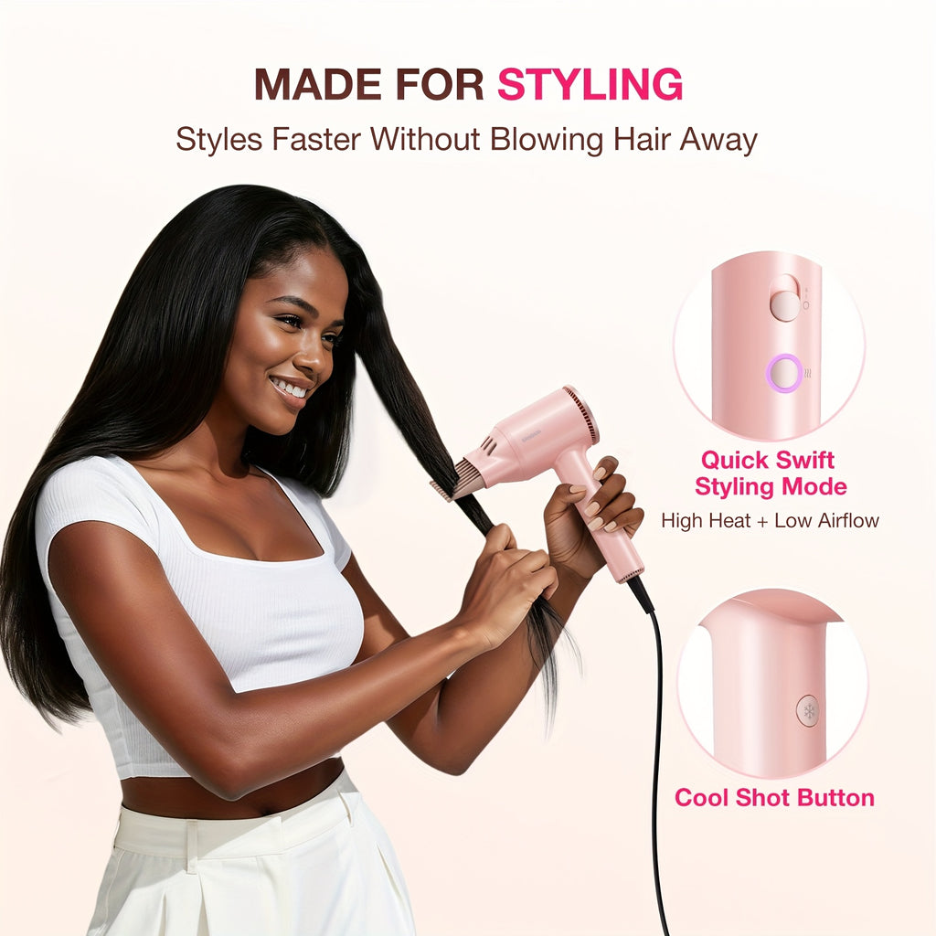 1875W Ionic Hair Dryer with Diffuser for Curly Hair – Quick-Drying Professional Blow Dryer, Foldable Lightweight Travel Hair Dryer for Women & Men, Leakage-Protected US Plug, Pink