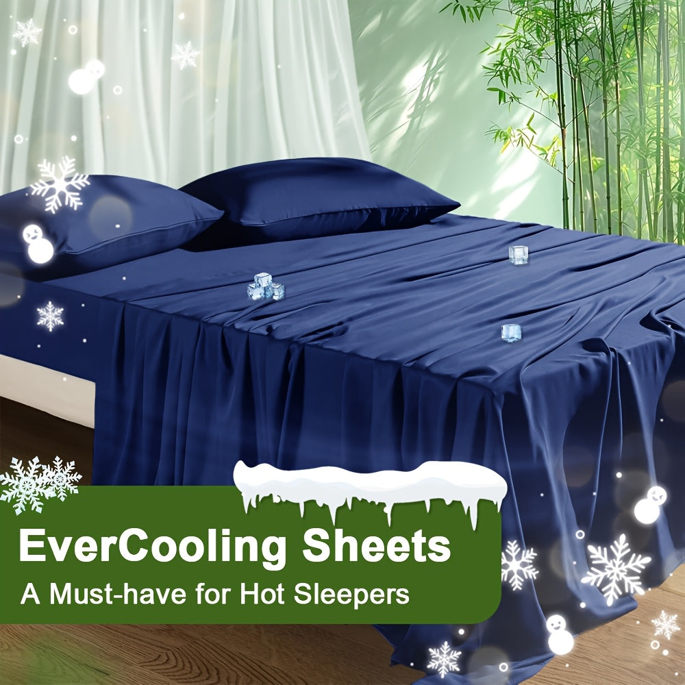 Cooling Bamboo Bed Sheet Set 4-Piece - Soft Lightweight Breathable Deep Pocket 16" Fitted Sheet, Flat Sheet & 2 Pillowcases, Machine Washable Summer Bedding, Twin Full Queen King, 12 Colors