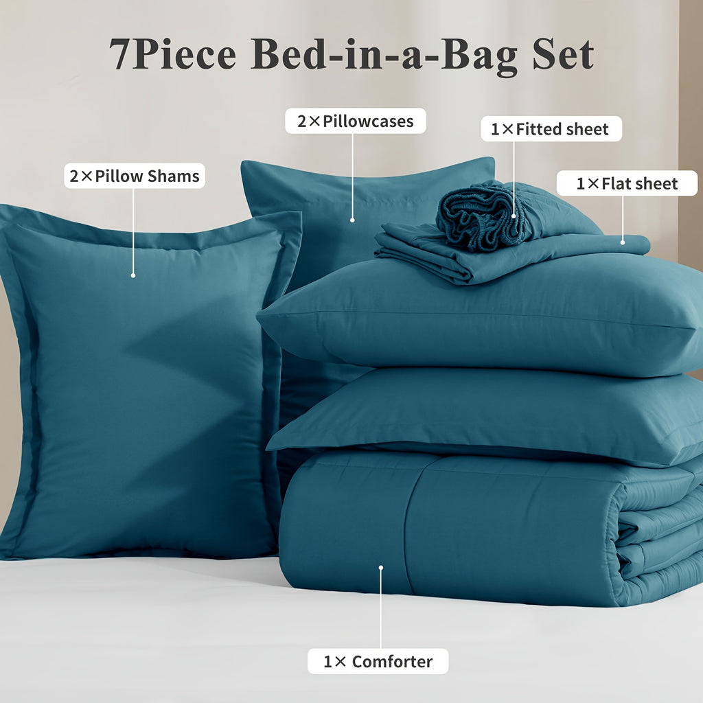 Bed in a Bag Queen 7 Piece Fluffy Comforter Set – Ultra-Soft Microfiber Bedding with Comforter, Fitted Sheet, Flat Sheet & 4 Pillowcases, Hypoallergenic Breathable All Season Bedding Gift for Her