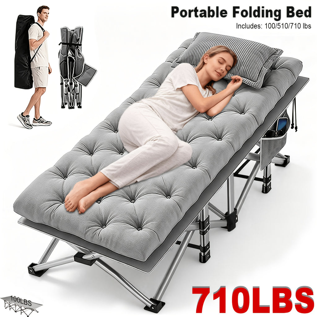 Portable Folding Camping Bed 28in Wide Heavy Duty 510 710 lbs with Optional Mattress Cushion Pillow Carry Bag Cot for Office Nap Beach Yard RV Adult
