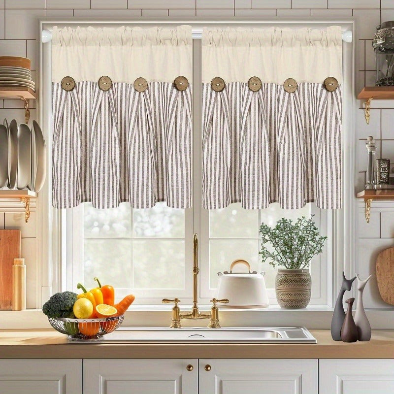 Striped Patchwork Semi-Sheer Rod Pocket Curtains – Bohemian Tiered Window Panels for Bedroom, Living Room, Kitchen, Bathroom & Cafe | 1 or 2 Pcs
