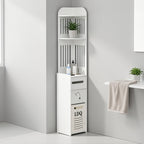 47-Inch Slim Floor Bathroom Storage Cabinet with Toilet Paper Holder & Hidden Trash Can – Narrow PVC Space-Saving Organizer Shelf for Small Bathroom, Apartment, Dorm, Kitchen, Laundry Room & Entryway