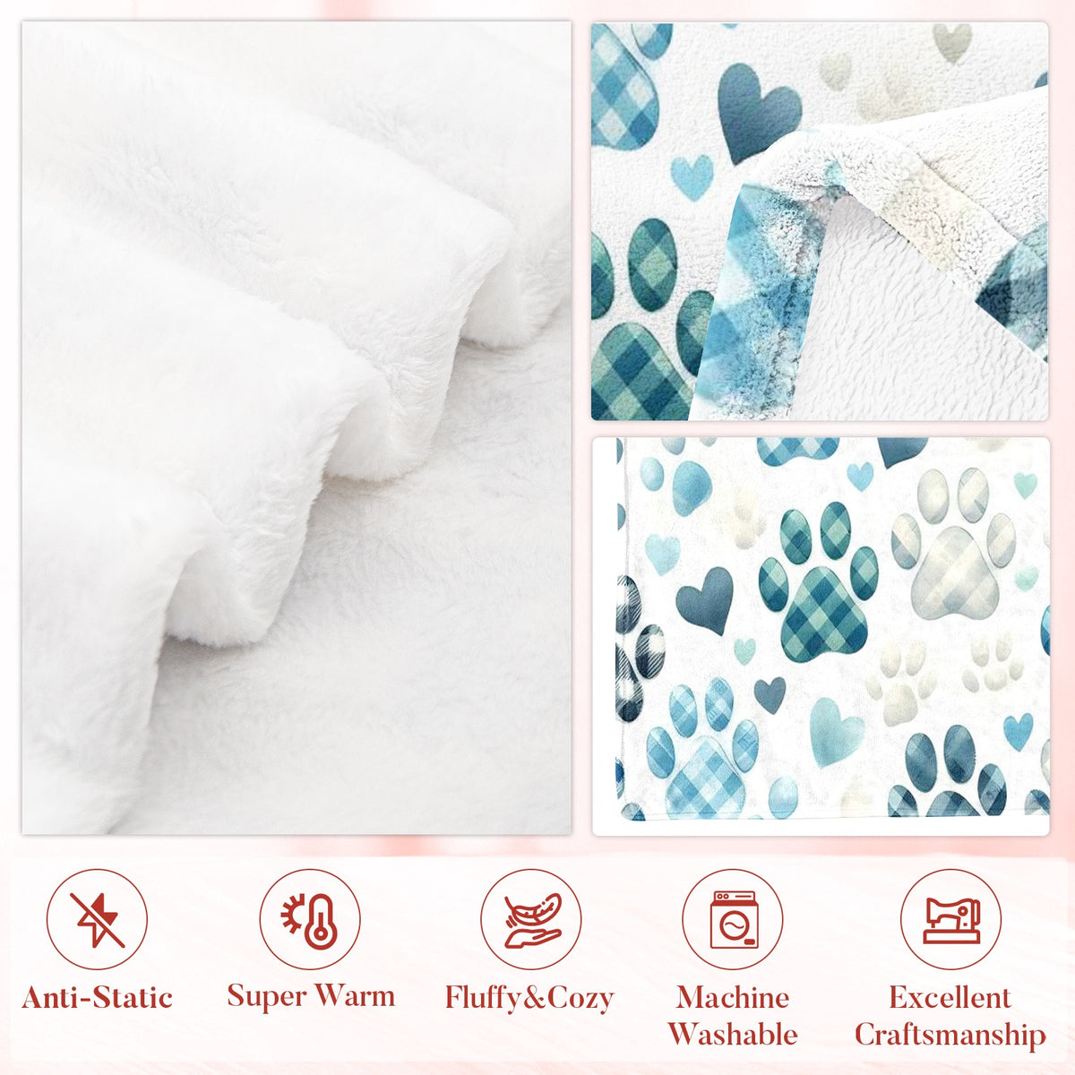Paw Print Flannel Throw Blanket – 280GSM Soft Warm Dog Paw Plaid, 2 Sizes, All-Season for Bed Sofa Living Room, Pet Lover Gift, Halloween Christmas Fall Decor